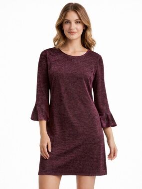 Michael Kors Burgundy Silver Metallic Knit Shift Dress Bell Sleeve Medium Petite
